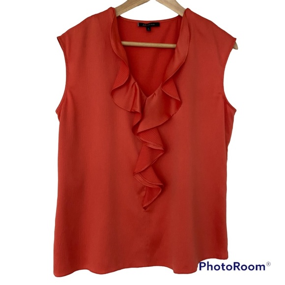ANNE KLEIN ORANGE SLEEVELESS TOP/BLOUSE WITH RUFFLE NECKLINE, SILKY FABRIC, MED - Picture 1 of 8